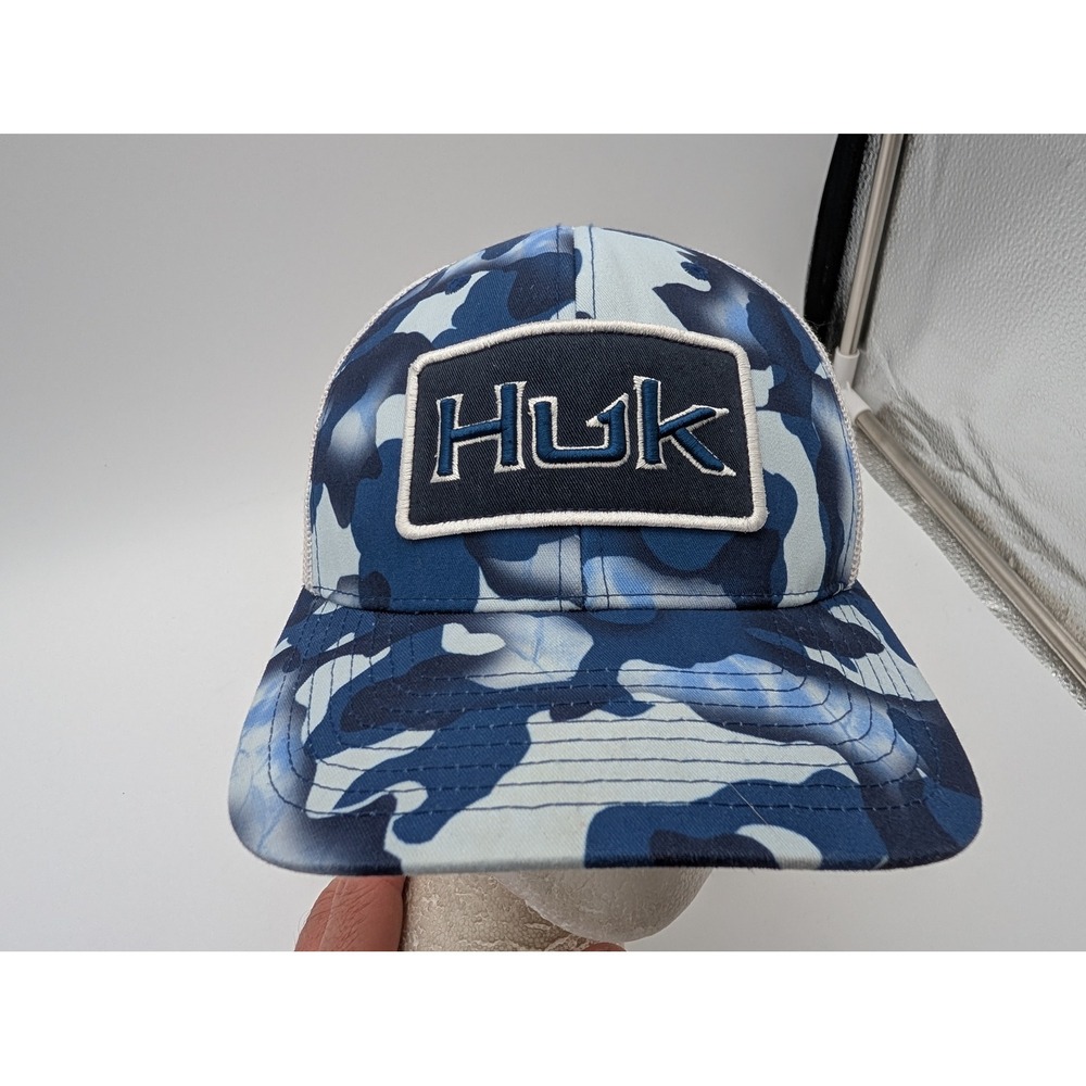 Huk Performance Fishing Trucker Hat Blue Camo White Mesh Snapback Cap OSFM